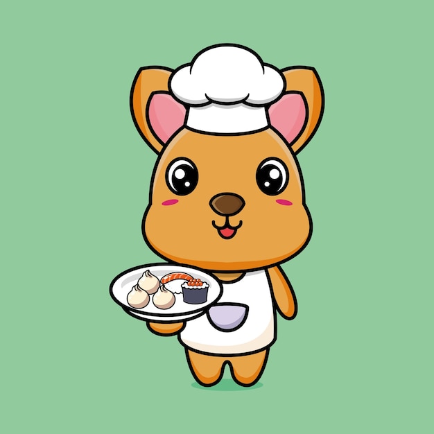 Personagem de desenho animado de chef canguru fofo com comida japonesa