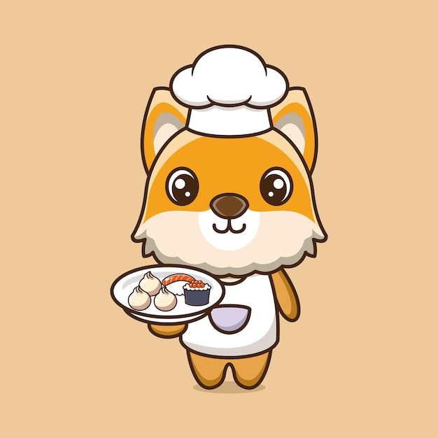 Personagem de desenho animado de chef de cachorro fofo com comida japonesa