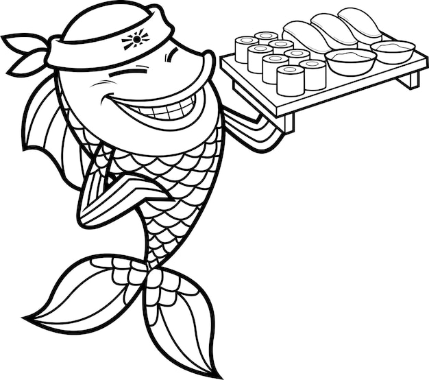 Personagem de desenho animado de chef de sushi de peixe delineado mostrando conjunto de sushi frutos do mar japoneses