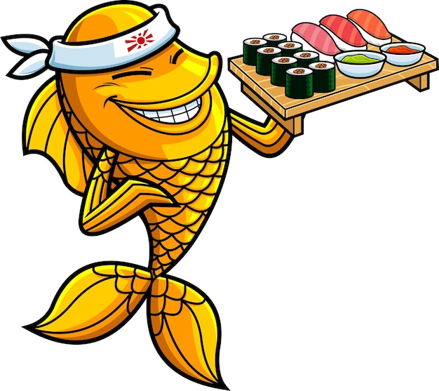 Personagem de desenho animado de chef de sushi de peixe dourado ou peixe dourado mostrando conjunto de sushi frutos do mar japoneses