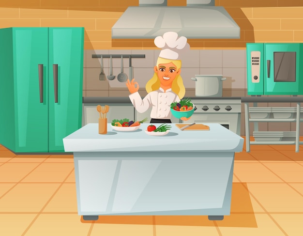 Vetor personagem de desenho animado de chef feminino engraçado preparando vários pratos para visitantes na cozinha do restaurante ilustração vetorial