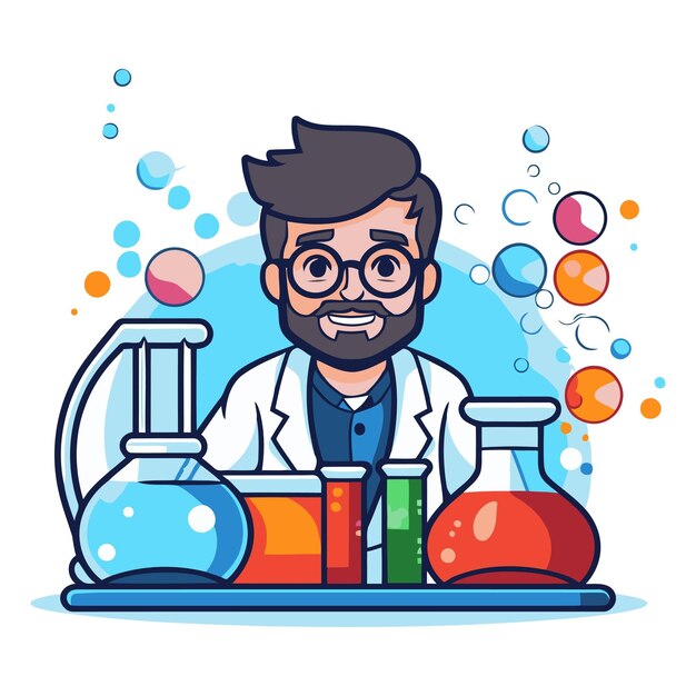 Vetor personagem de desenho animado de cientista com frascos químicos em estilo plano