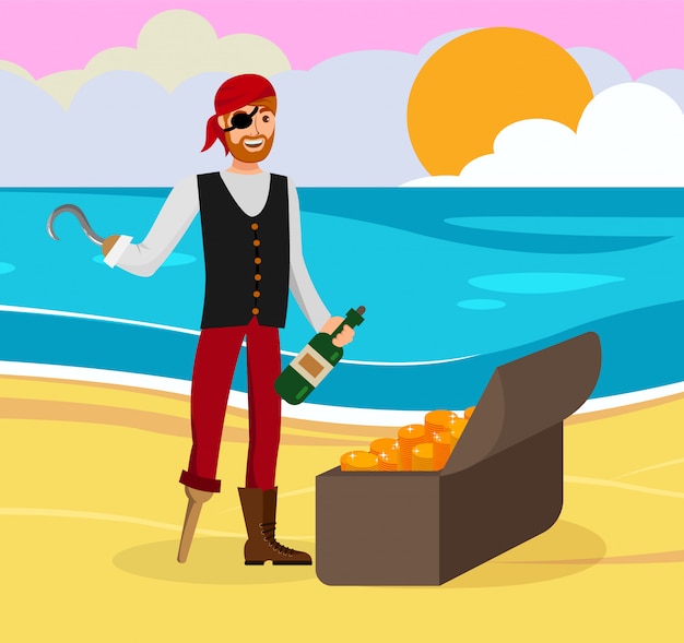 Personagem de desenho animado de cor plana de ouro pirata