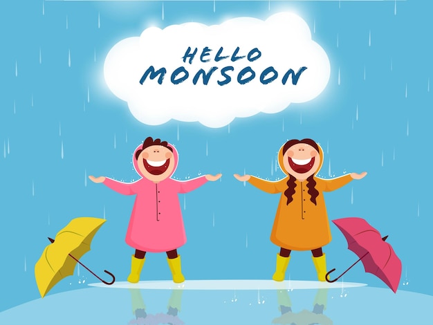 Personagem de desenho animado de crianças alegres vestindo capa de chuva e aproveitando o guarda-chuva em tempo chuvoso em fundo azul para o conceito de Olá Monção