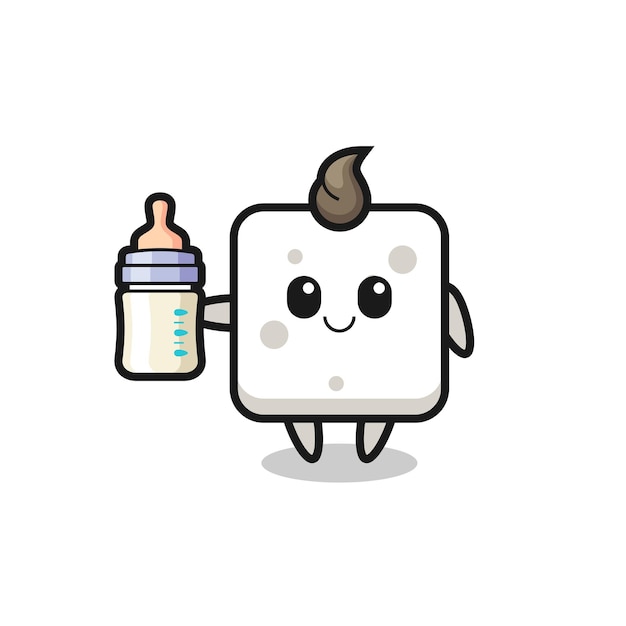 Personagem de desenho animado de cubo de açúcar de bebê com garrafa de leite, design de estilo fofo para camiseta, adesivo, elemento de logotipo