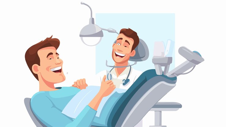 Vetor personagem de desenho animado de dentista alegre tratando um paciente feliz na clínica dentária