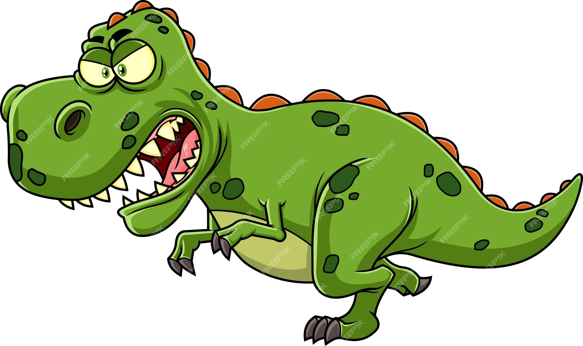 Personagem de desenho animado de dinossauro verde com raiva correndo