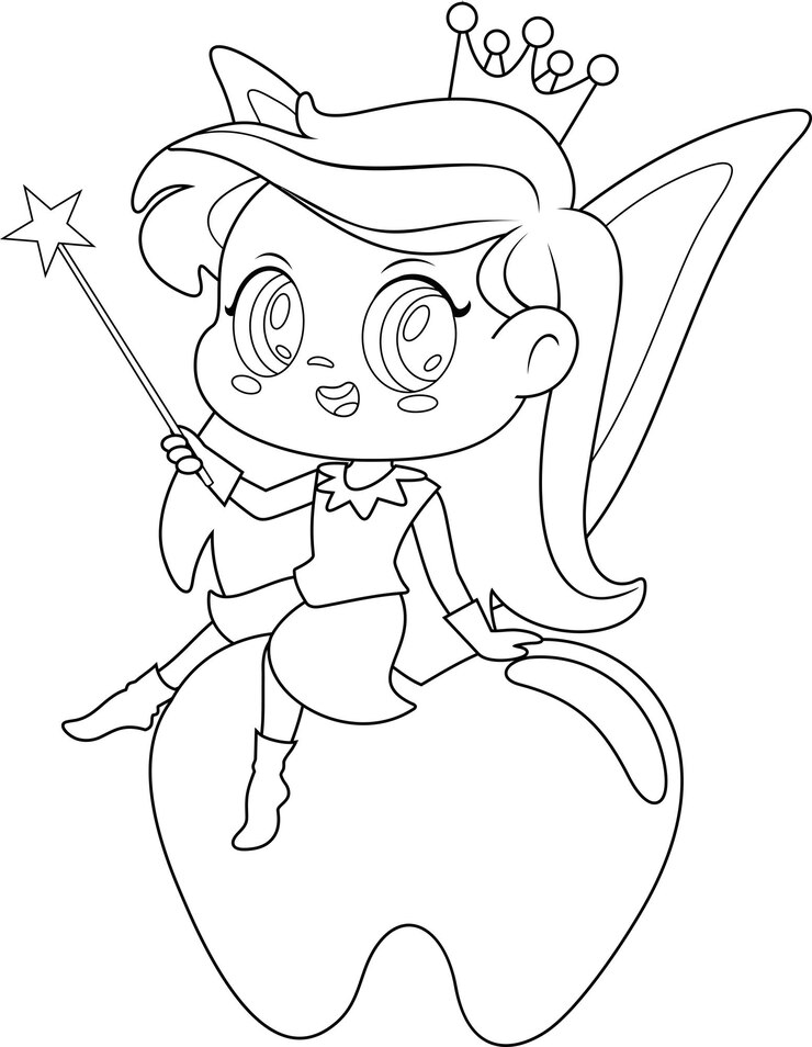 Vetor personagem de desenho animado de fada do dente bonita sentada no dente com varinha mágica