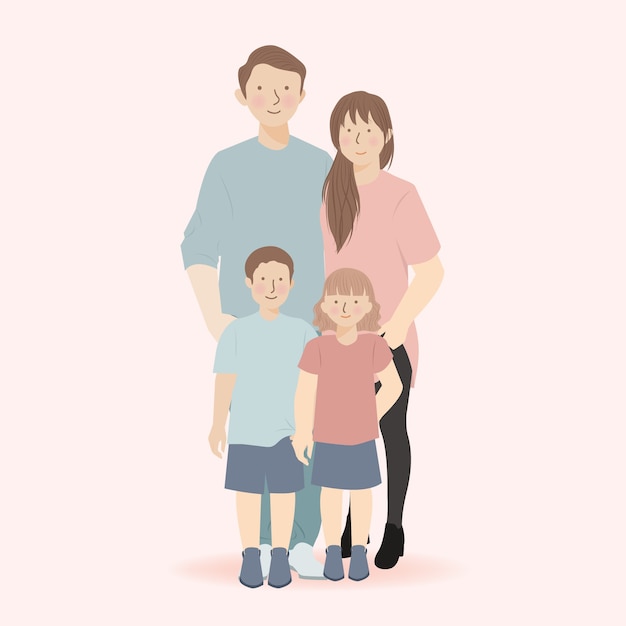 Vetor personagem de desenho animado de família fofa de pai, mãe, filho e filha em pé e fazer uma pose juntos