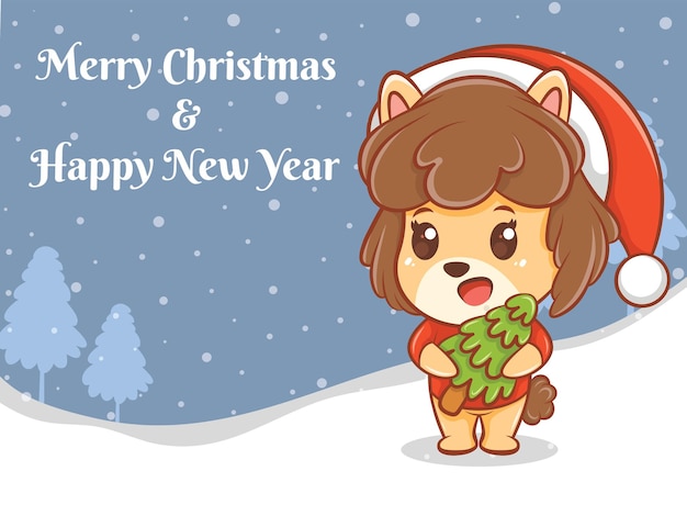 Vetor personagem de desenho animado de filhote de cachorro fofo com banner de feliz natal e feliz ano novo