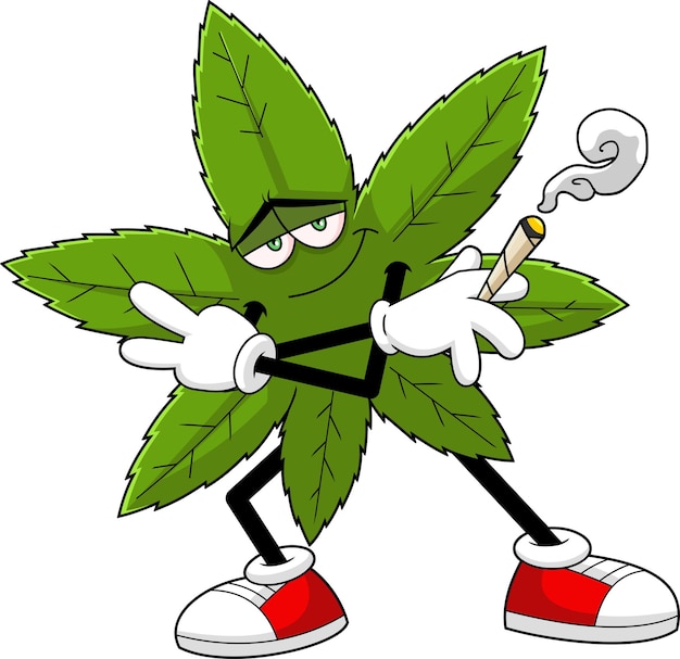 Vetor personagem de desenho animado de folha de maconha sorridente com um joint dançando