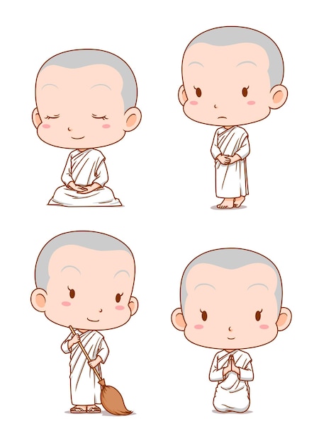 Personagem de desenho animado de freiras budistas tailandesas em poses diferentes
