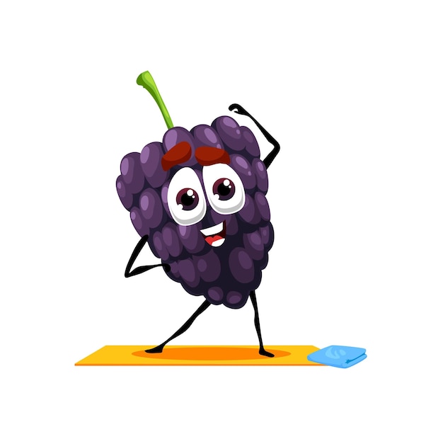 Vetor personagem de desenho animado de fruta amora em pose de ioga