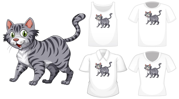 Personagem de desenho animado de gato com conjunto de diferentes camisas isoladas