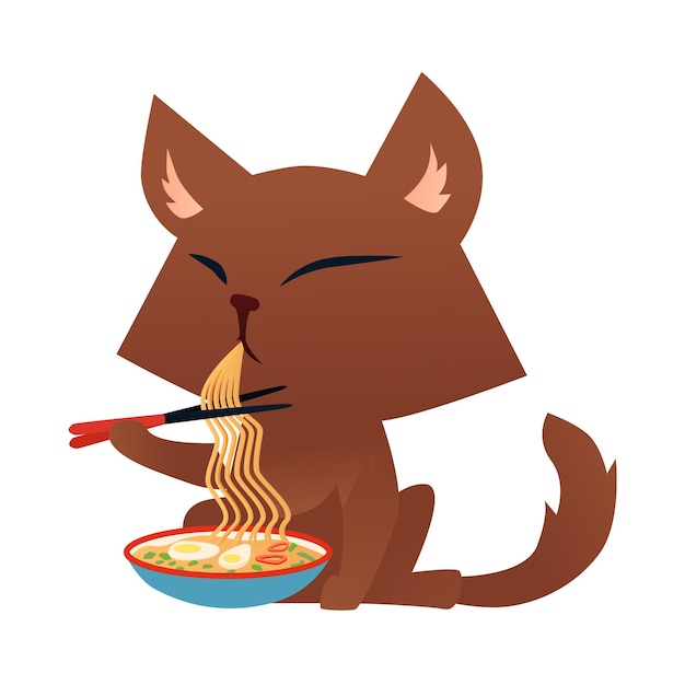 Personagem de desenho animado de gato comendo macarrão com pauzinhos.