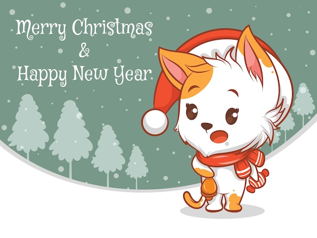 Vetor personagem de desenho animado de gato fofo com banner de feliz natal e feliz ano novo