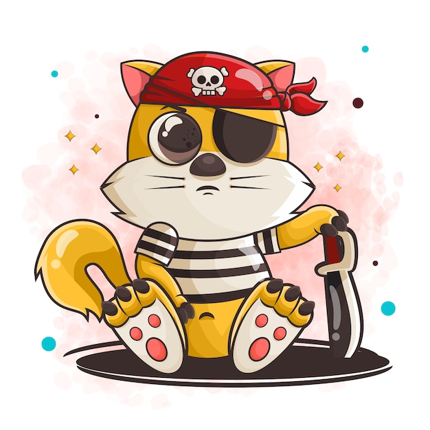 Personagem de desenho animado de gato fofo posando em ilustração de roupas de pirata