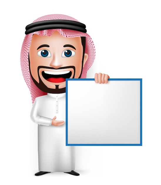 Personagem de desenho animado de homem árabe saudita 3d realista segurando quadro branco em branco usando thobe