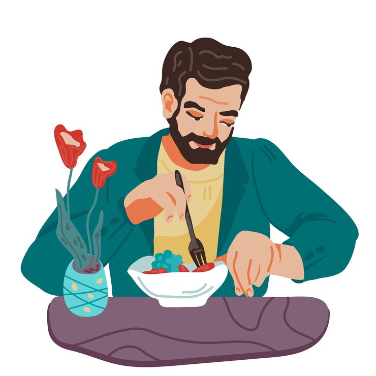 Vetor personagem de desenho animado de homem comendo salada de legumes saudáveis comendo em casa ou restaurante café