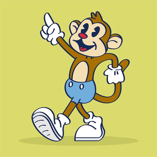 Personagem de desenho animado de macaco levanta uma mão apontando para o céu ilustração estilo vintage desenho à mão