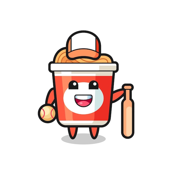 Personagem de desenho animado de macarrão instantâneo como jogador de beisebol, design de estilo fofo para camiseta, adesivo, elemento de logotipo