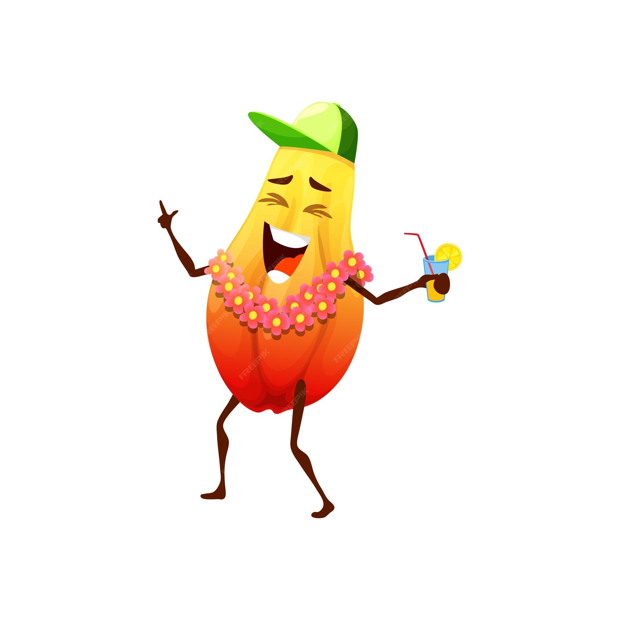 Personagem de desenho animado de mamão tropical com personagem de vetor de coquetel mamão cantando ou dançando nas férias de verão ou festa de praia com bebida de suco e colar de