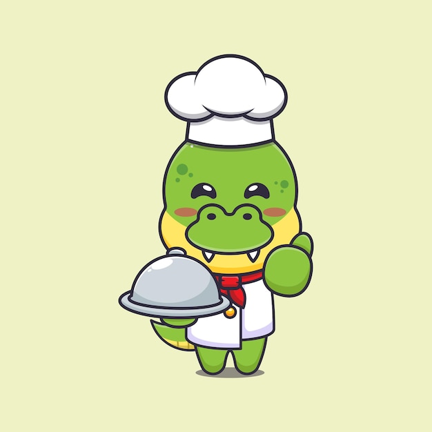 Personagem de desenho animado de mascote chef dino fofo com prato