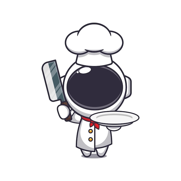 Personagem de desenho animado de mascote de astronauta chef bonito com faca e prato.