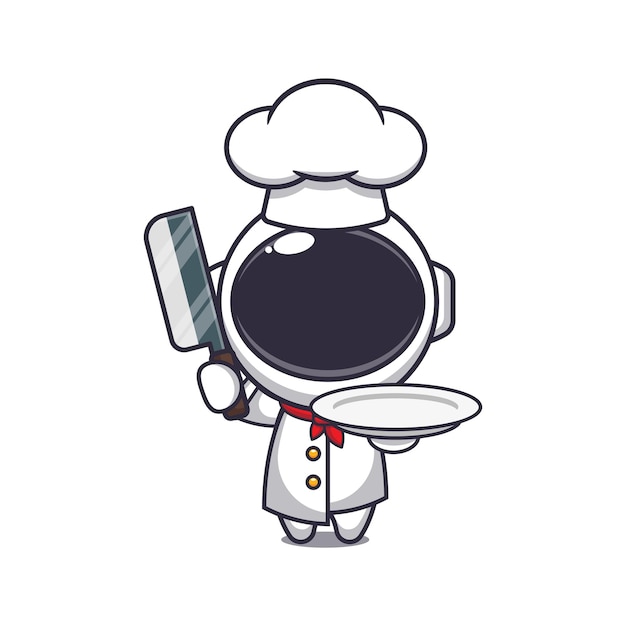 Vetor personagem de desenho animado de mascote de astronauta chef bonito com faca e prato.