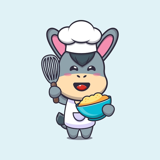 Personagem de desenho animado de mascote de chef burro bonito com massa de bolo