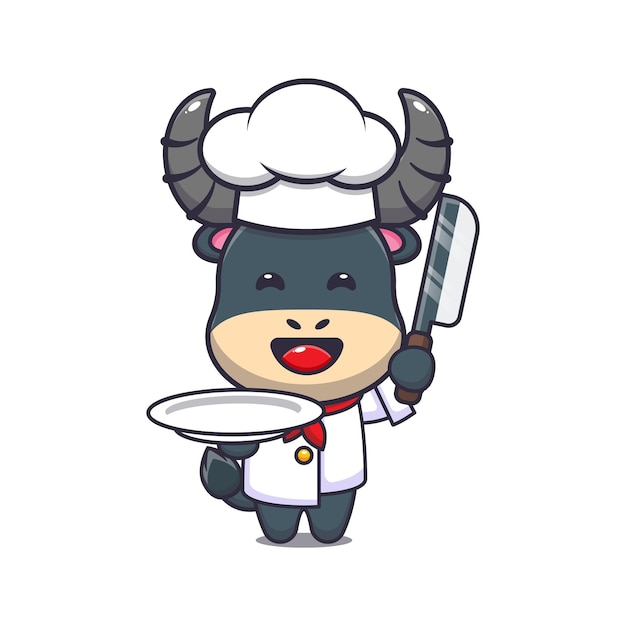 Personagem de desenho animado de mascote de chef de búfalo fofo com faca e prato