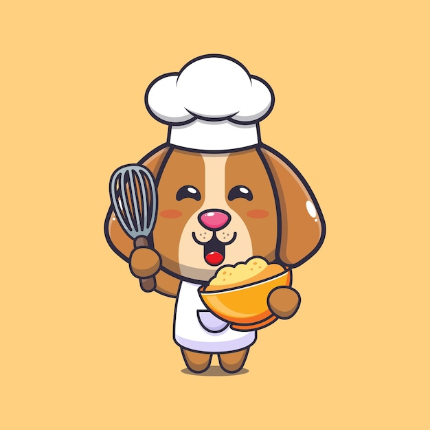 Personagem de desenho animado de mascote de chef de cachorro fofo com massa de bolo