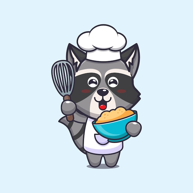 Personagem de desenho animado de mascote de chef de guaxinim bonito com massa de bolo