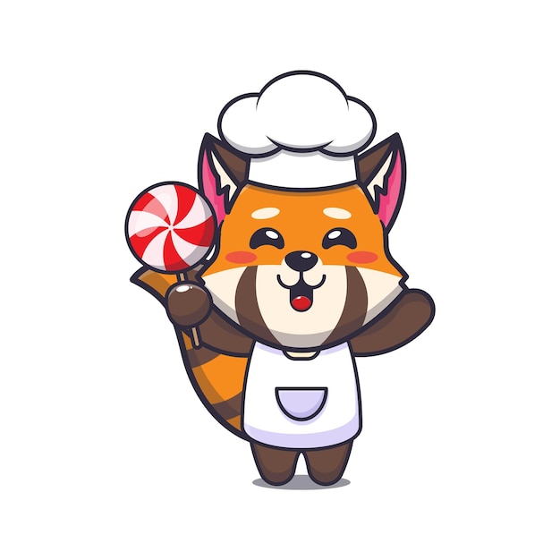 Personagem de desenho animado de mascote de chef de panda vermelho bonito segurando doces