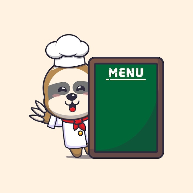 Personagem de desenho animado de mascote de chef de preguiça bonito com placa de menu