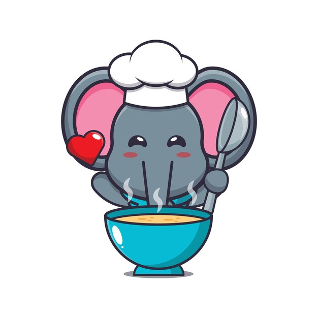 Vetor personagem de desenho animado de mascote de chef elefante fofo com sopa