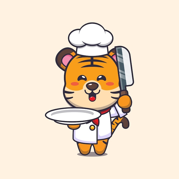 Personagem de desenho animado de mascote de chef tigre bonito com faca e prato