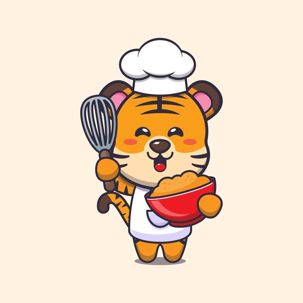 Personagem de desenho animado de mascote de chef tigre bonito com massa de bolo