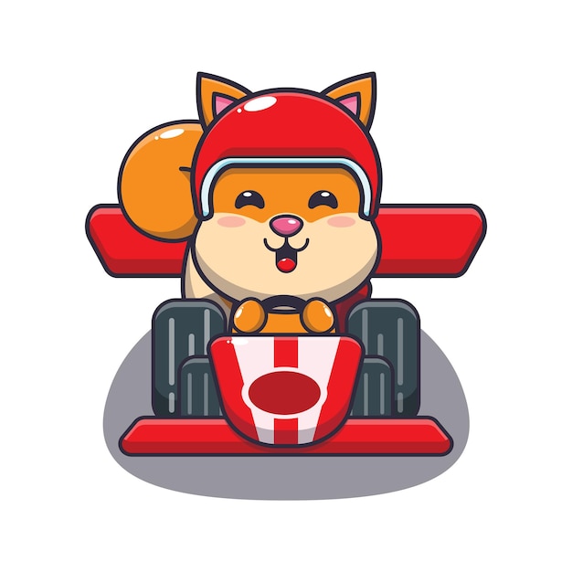 Personagem de desenho animado de mascote de esquilo fofo andando de carro de corrida