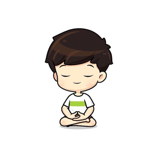 Personagem de desenho animado de mascote de menino bonito em pose de meditação