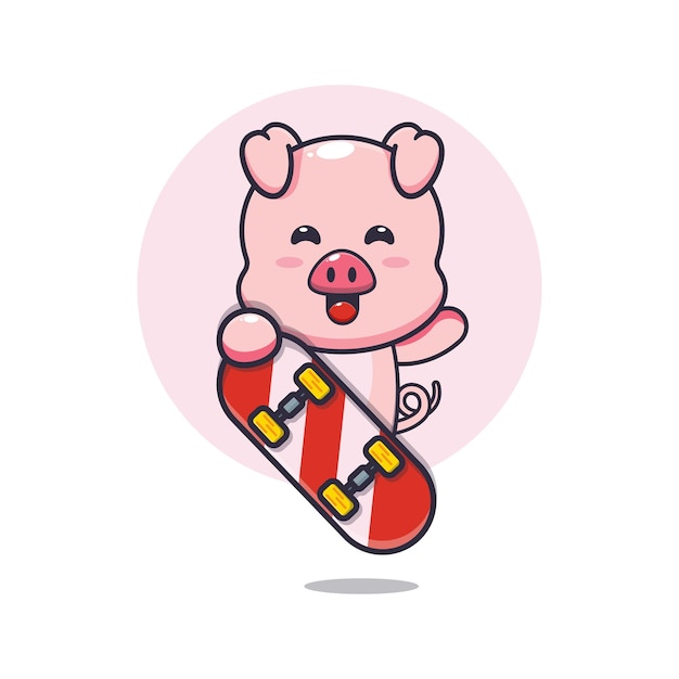 Personagem de desenho animado de mascote de porco bonito com skate