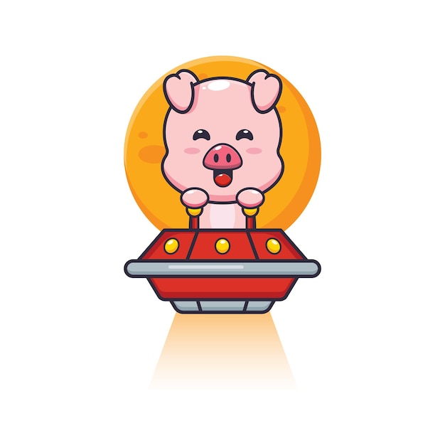 Vetor personagem de desenho animado de mascote de porco fofo voa com ufo