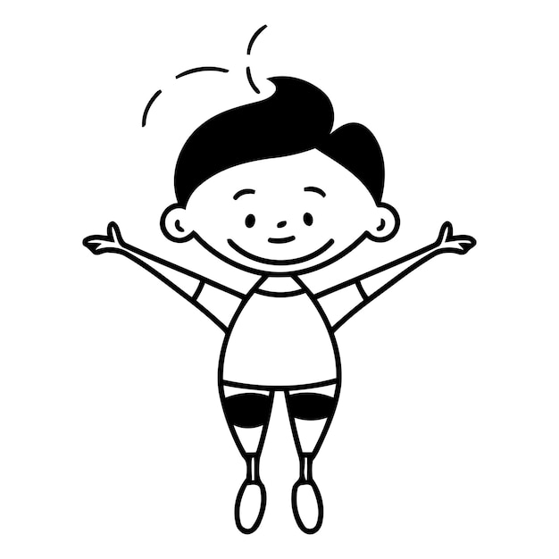 Vetor personagem de desenho animado de menino bonito e feliz ilustração vetorial em preto e branco