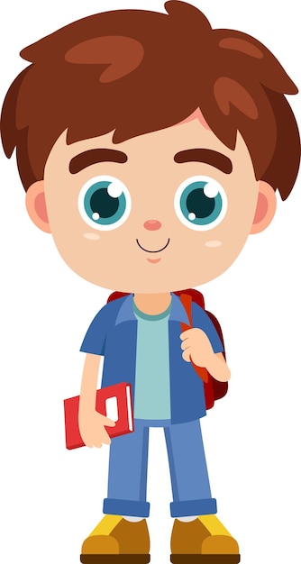 Personagem de desenho animado de menino de escola feliz com mochila e livro didático