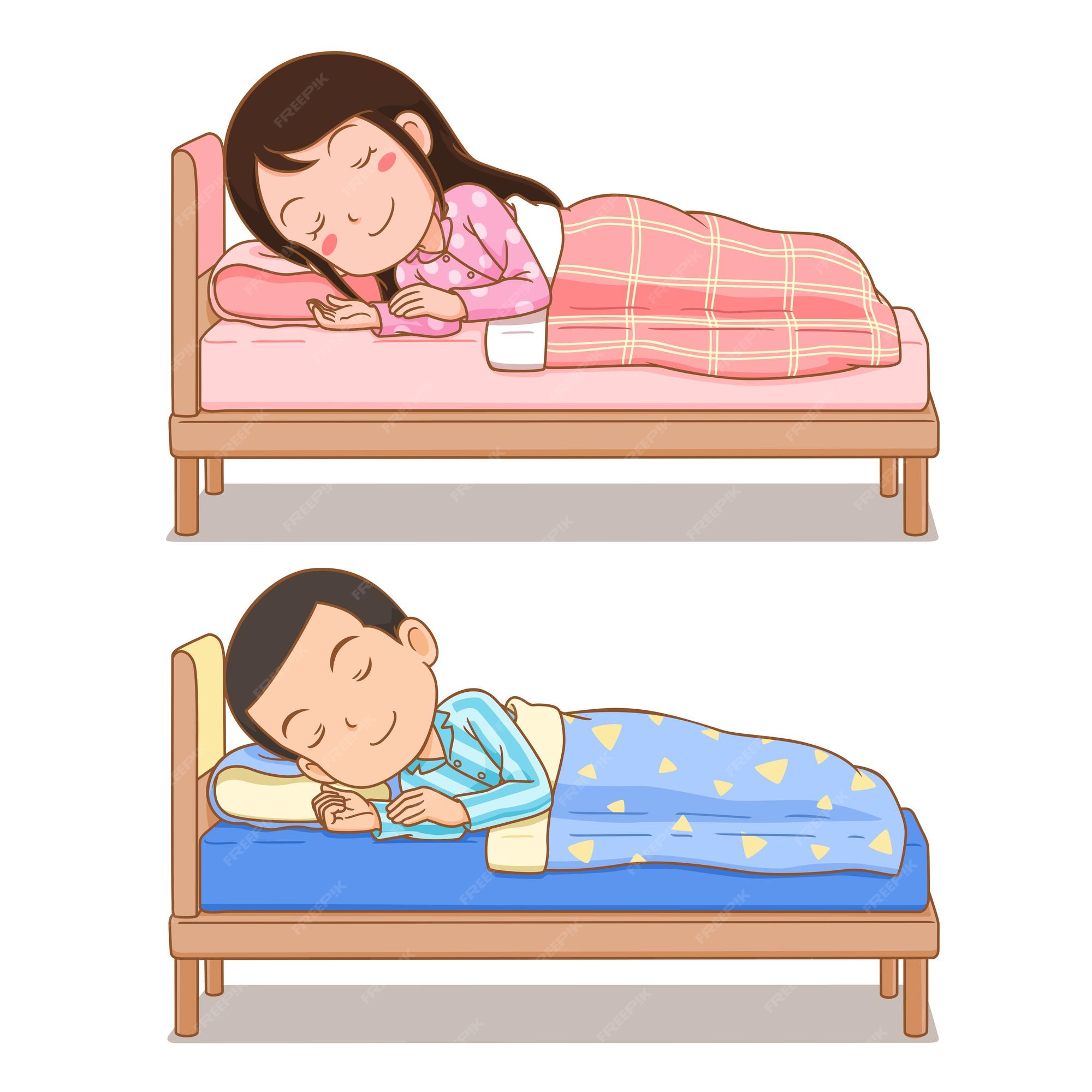 Personagem de desenho animado de menino e menina dormindo na cama | Vetor  Premium