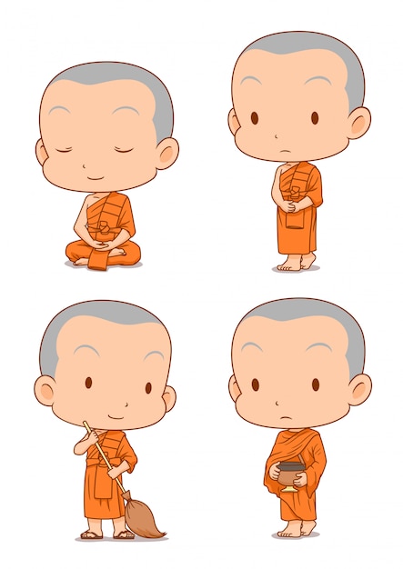 Personagem de desenho animado de monges budistas em poses diferentes.