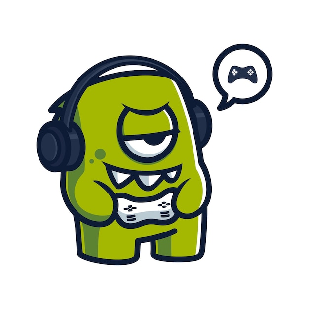 Vetor personagem de desenho animado de monstro bonito jogando com fone de ouvido e gamepad