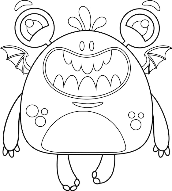 Vetor personagem de desenho animado de monstro fofo e sorridente delineado voando no céu ilustração vetorial desenhada à mão