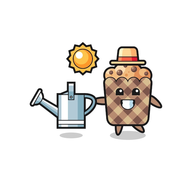 Personagem de desenho animado de muffin segurando um regador, design fofo