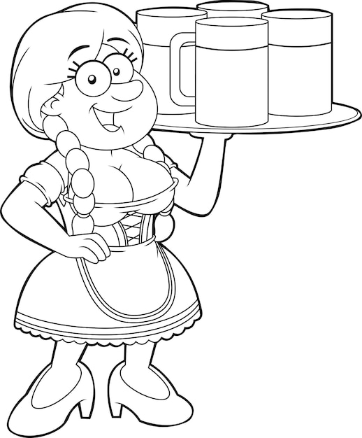 Personagem de desenho animado de mulher garçonete delineada em roupas tradicionais da baviera, segurando uma bandeja e copos de cerveja